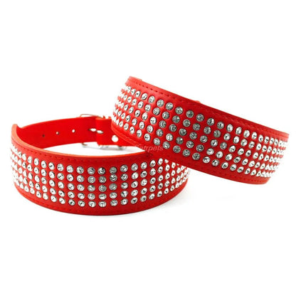 Leder Halsband mit 5 reihen Strass Steine 2cm breit und 13-24cm lang Größen XS/S/M/L/XL - Mea Papilones