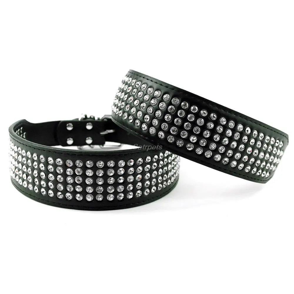 Leder Halsband mit 5 reihen Strass Steine 2cm breit und 13-24cm lang Größen XS/S/M/L/XL - Mea Papilones