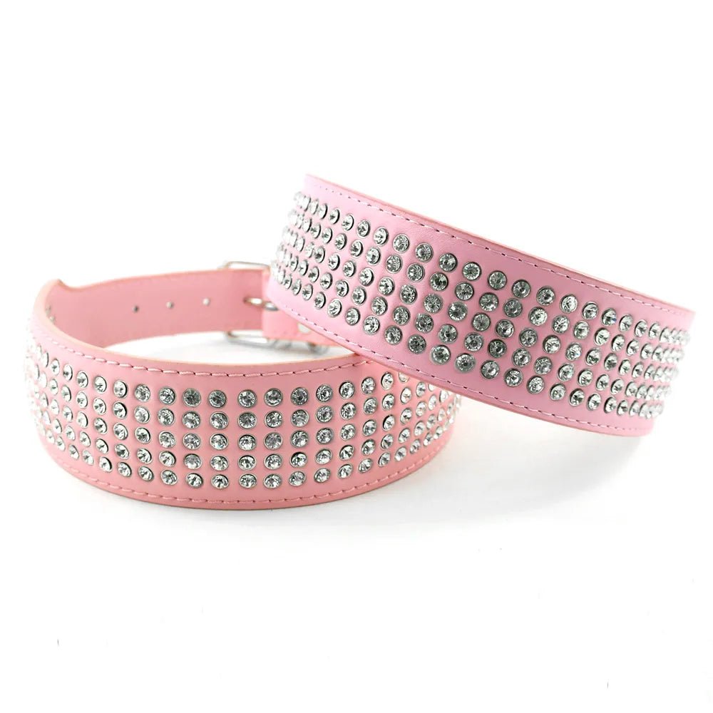 Leder Halsband mit 5 reihen Strass Steine 2cm breit und 13-24cm lang Größen XS/S/M/L/XL - Mea Papilones