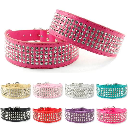 Leder Halsband mit 5 reihen Strass Steine 2cm breit und 13-24cm lang Größen XS/S/M/L/XL - Mea Papilones