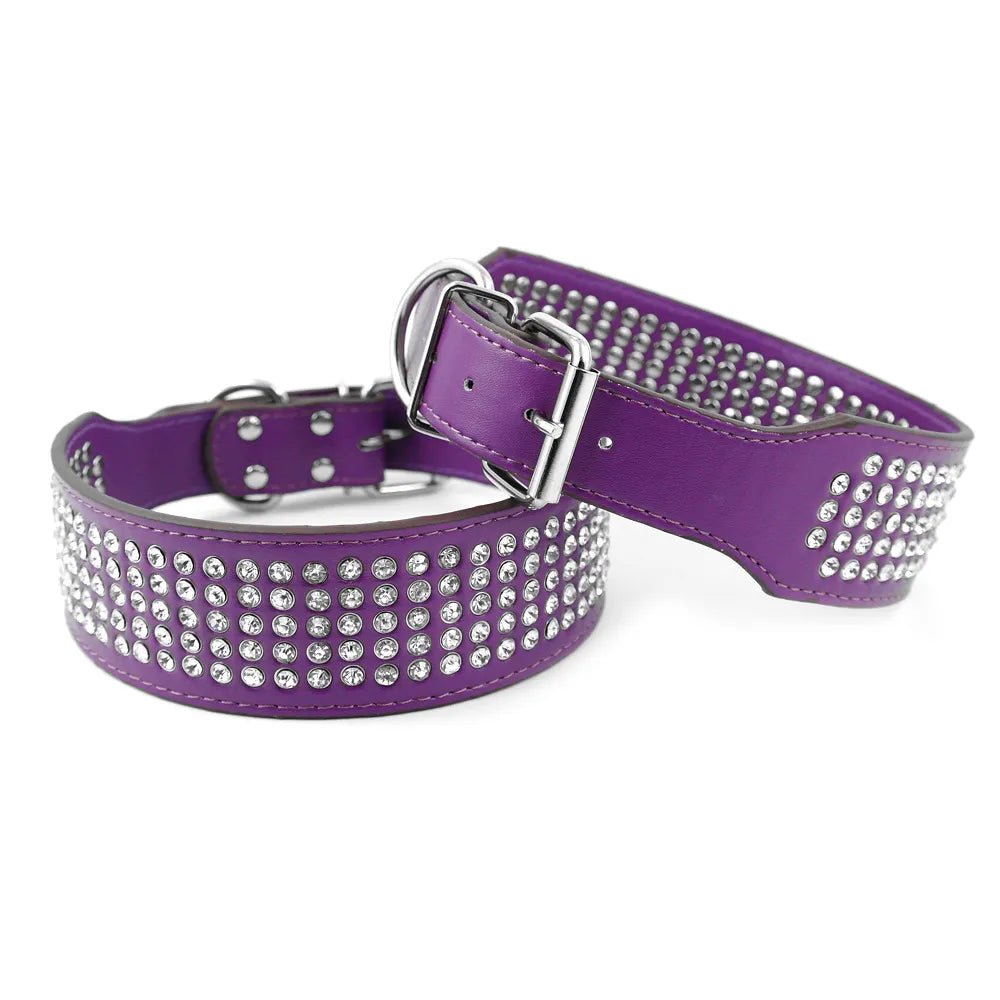 Leder Halsband mit 5 reihen Strass Steine 2cm breit und 13-24cm lang Größen XS/S/M/L/XL - Mea Papilones