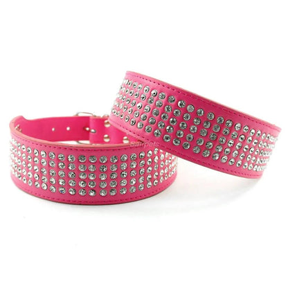 Leder Halsband mit 5 reihen Strass Steine 2cm breit und 13-24cm lang Größen XS/S/M/L/XL - Mea Papilones