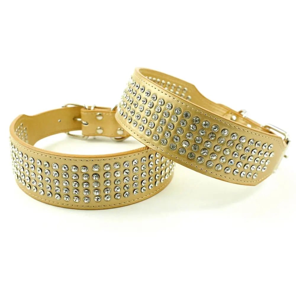 Leder Halsband mit 5 reihen Strass Steine 2cm breit und 13-24cm lang Größen XS/S/M/L/XL - Mea Papilones