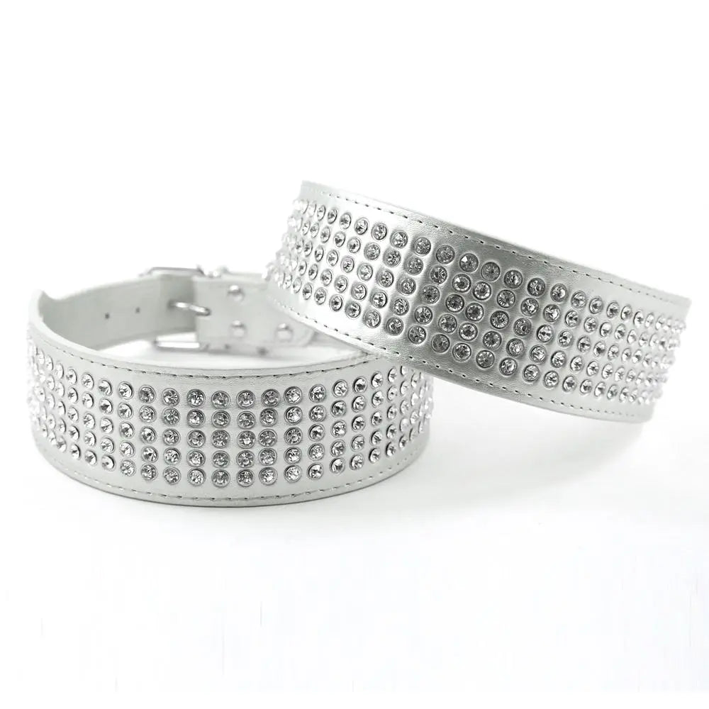 Leder Halsband mit 5 reihen Strass Steine 2cm breit und 13-24cm lang Größen XS/S/M/L/XL - Mea Papilones