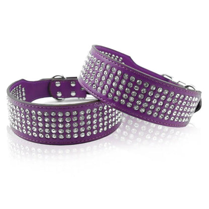 Leder Halsband mit 5 reihen Strass Steine 2cm breit und 13-24cm lang Größen XS/S/M/L/XL - Mea Papilones